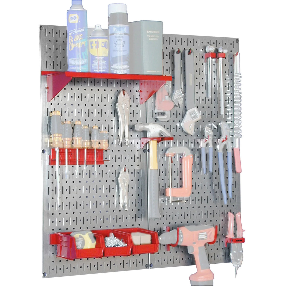 Steel Pegboard, Galvanized Utility Tool Storage Kit with Red Accessories