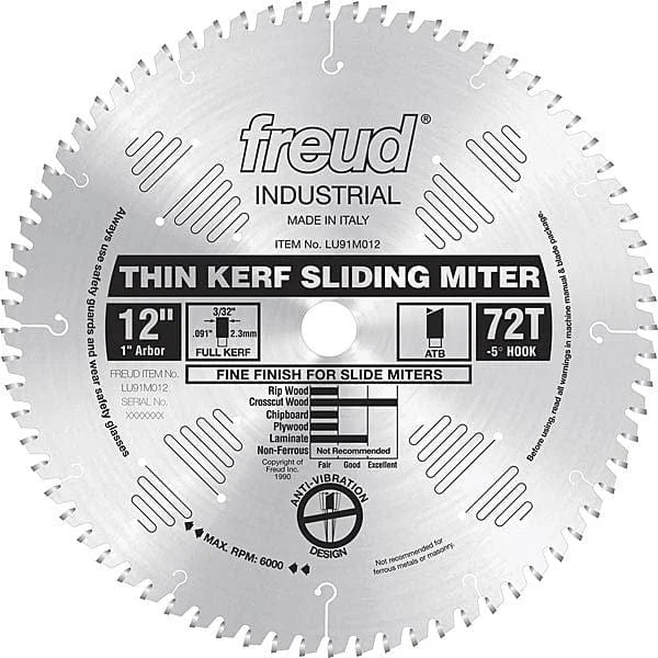 LU91M012 Sliding Compound Miter Saw Blade 12" X 1" Bore 72 Tooth Thin Kerf