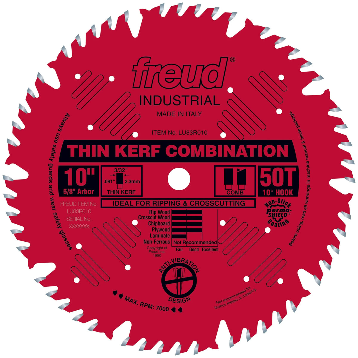 LU83R010 Finish Red Circular Saw Blade 10" x 5/8" Bore x 50 Tooth Combination Thin Kerf