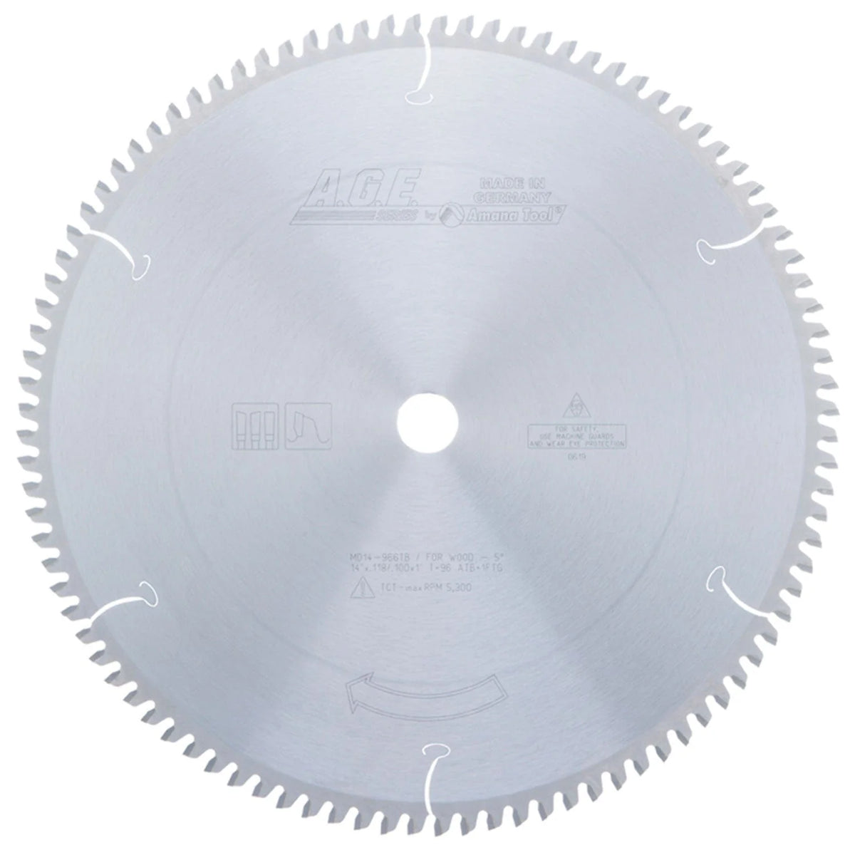 14" x 96T Carbide Tipped Thin Kerf Sliding Compound, Miter and Radial Arm Blade, Neg. 5 Deg., 1" Bore, ATB